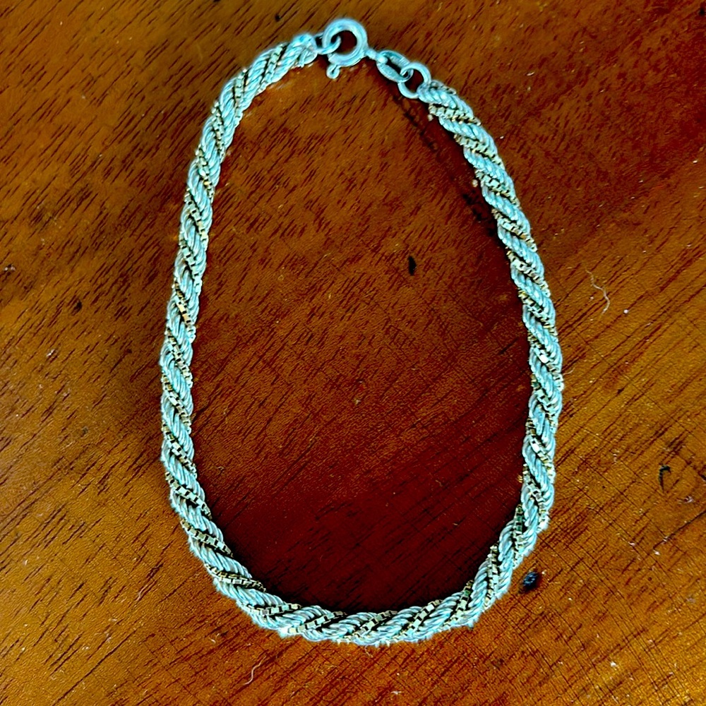 Vintage Sterling Silver Two Tone Rope Bracelet. Made in Italy.